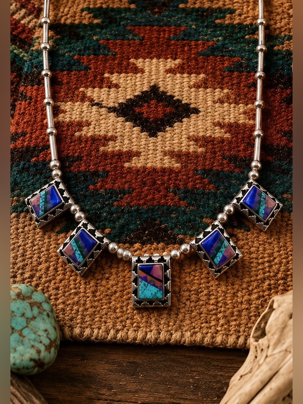 Navajo Native American Sterling Silver Turquoise Multi Stone Inlay Bib Necklace